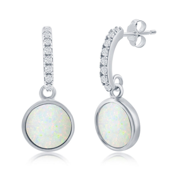 Sterling Silver Round White Opal Dangle Earrings with CZs  and Rhodium Finish.