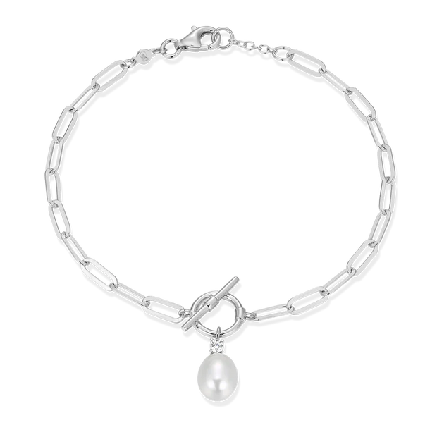 Monte Luna Silver Pearl and Lab Created Paperclip Bracelet
