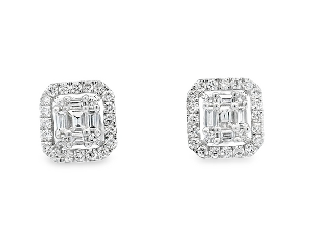 14K White Gold Baguette & Round Diamond Stud Earrings