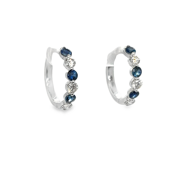 14K White Gold Blue Sapphire & Diamond Small Hoop Earrings