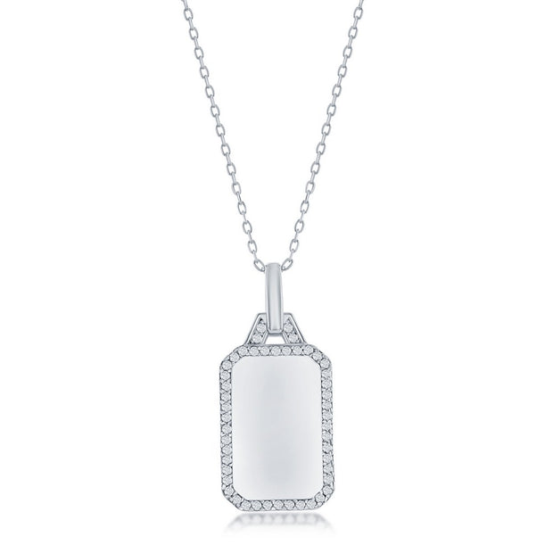 Silver Engraveable Dog Tag with CZ Border