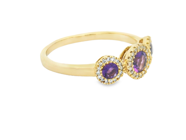 14K Yellow Gold Three-Stone Amethyst & Diamond Ring