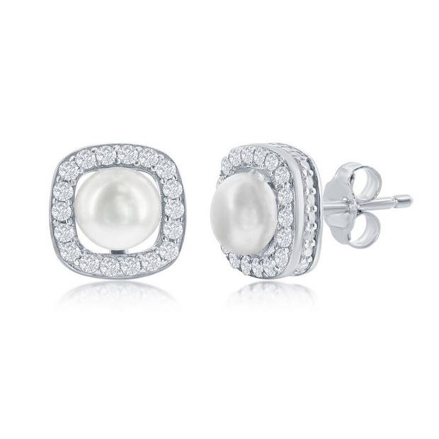 Silver Pearl and CZ Halo Earrings