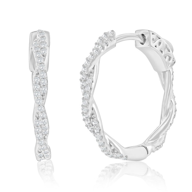 Sterling Silver Twisted CZ Hoop Earrings - 21mm