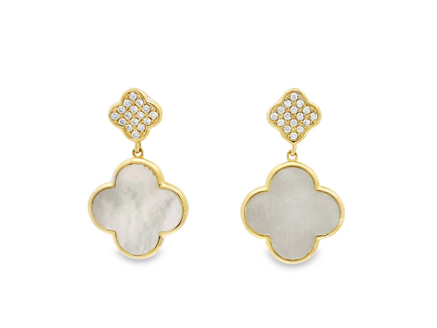 14K Yellow Gold Mother of Pearl & Diamond Clover Earrings