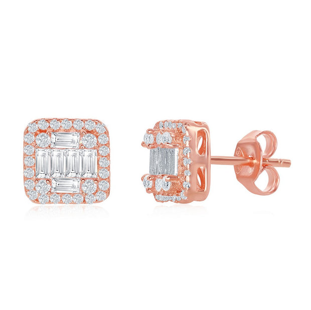 Rose Square Baguette CZ Stud Earrings