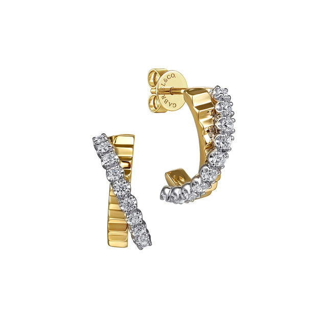 Gabriel & Co. White & Yellow Diamond Hoop Earrings with Diamond Cut Texture