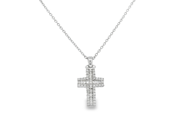 14K White Gold Baguette and Round Diamond Cross