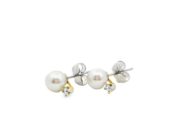 14K White Gold Akoya Pearl Studs w/ Natural Diamonds