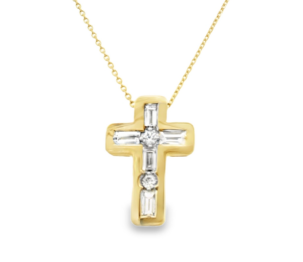 14K Yellow Gold Baguette & Round Diamond Cross Pendant