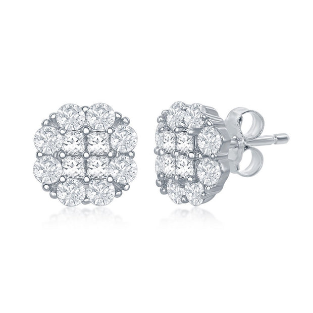 Silver CZ Flower Design Stud Earrings