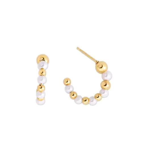 Yellow Gold Bear and Pearl Hoop Earrings