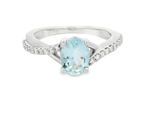 14K White Gold Aqua & Diamond Ring