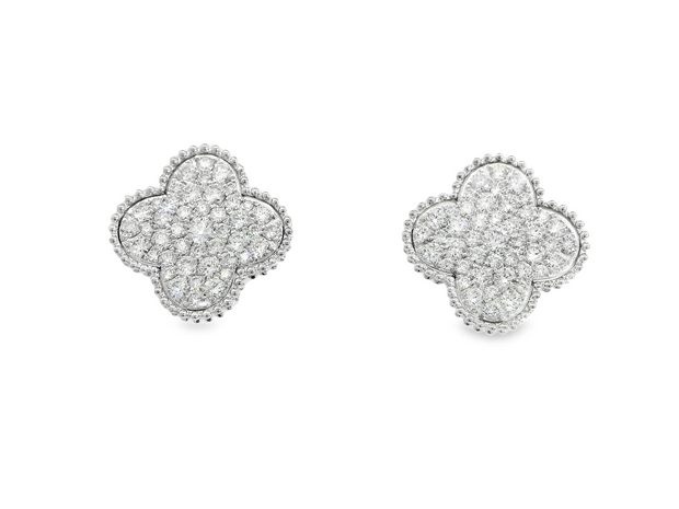 14K White Gold Diamond Encrusted Clover Earrings