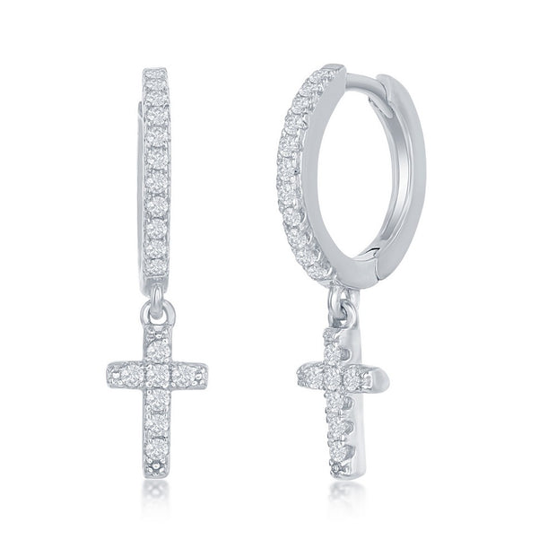 Silver CZ Cross Huggie Earrings