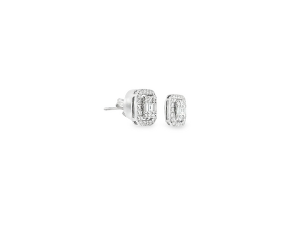 14K White Gold Baguette & Round Diamond Stud Earrings
