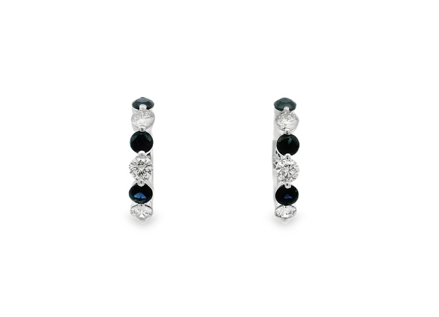 14K White Gold Diamond and Sapphire Hoop Earrings