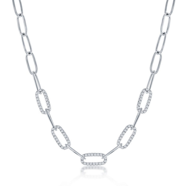 Silver Paperclip Necklace with CZ Accented Links