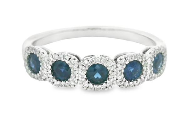 14K White Gold 5 Stone Blue Sapphire and Diamond Band