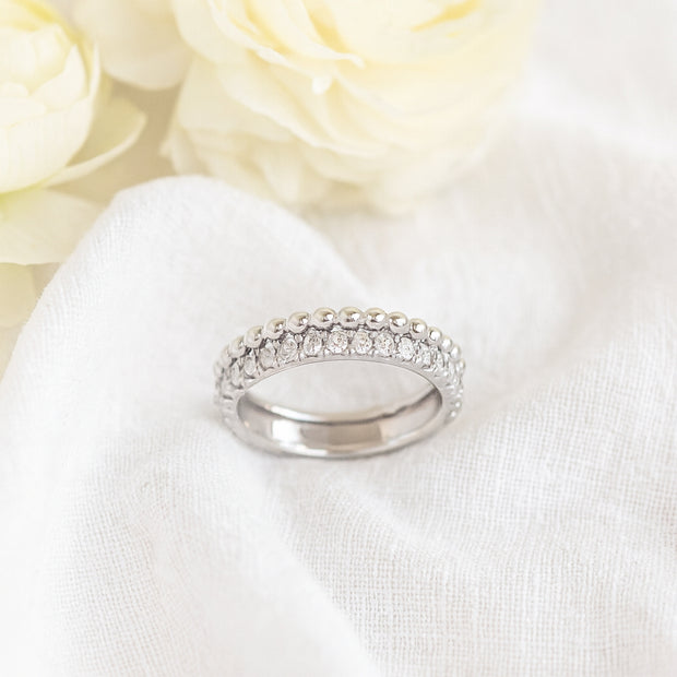 14K White Gold Beaded & Diamond Wedding Band