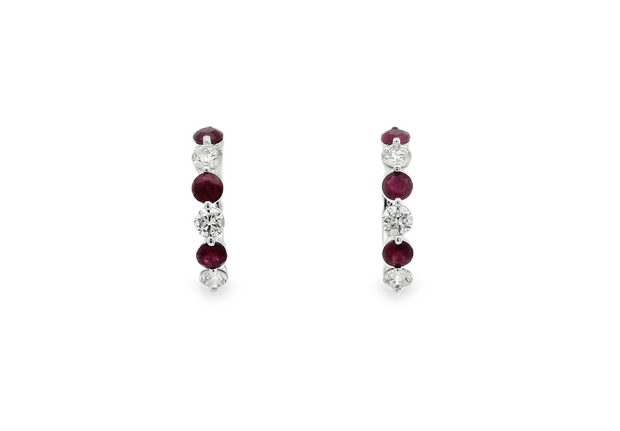 14K White Gold Ruby & Diamond Hoop Earrings - 15mm