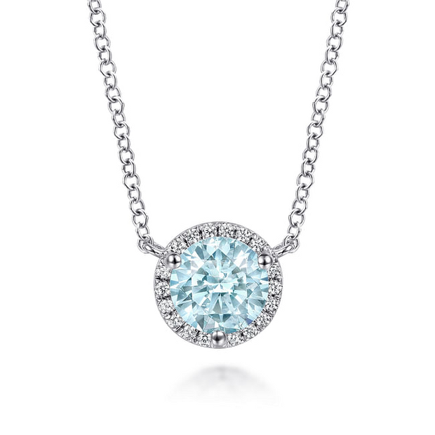 Gabriel & Co.Aquamarine and Diamond Halo Pendant Necklace