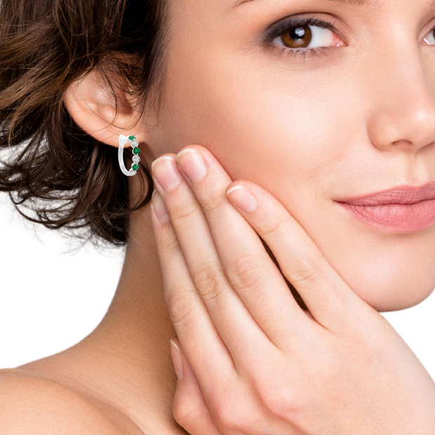 14K White Gold Diamond & Emerald Hoop Earrings