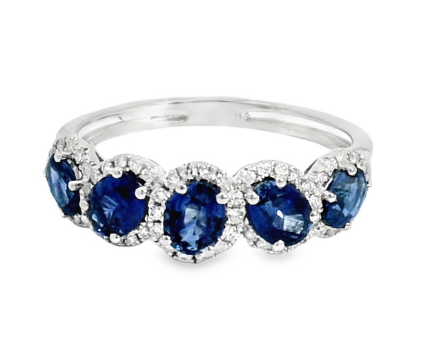 14K White Gold Blue Sapphire & Diamond Alternating Ring