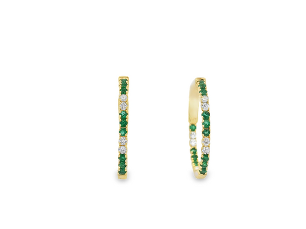 14K Yellow Gold Emerald and Diamond Hoop Earrings