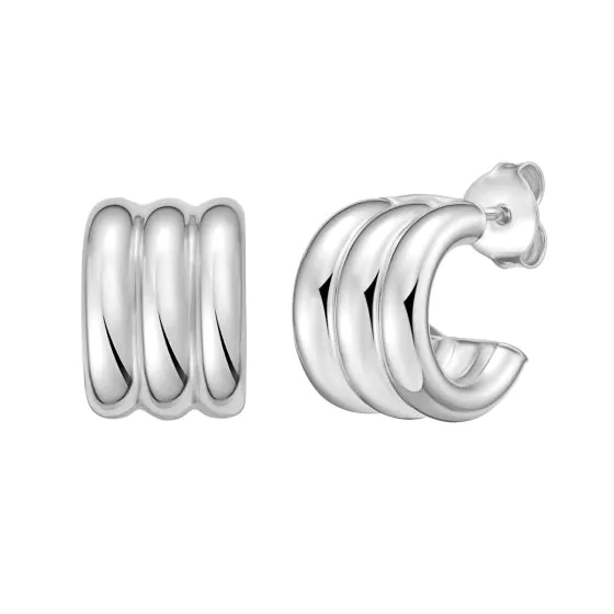 Silver Fancy Triple Huggie Earrings