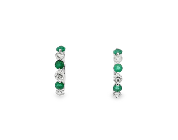 14K White Gold Diamond & Emerald Hoop Earrings