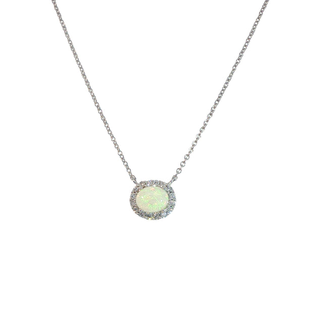 14K White Gold Diamond Opal Pendant
