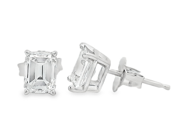 14K White Gold Emerald Cut Natural Diamond Stud Earring - 1.14ctw