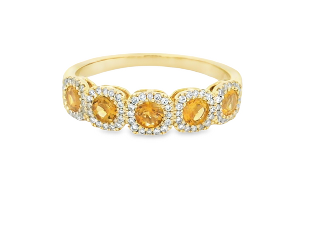 14K Yellow Gold 5 Stone Citrine and Diamond Band