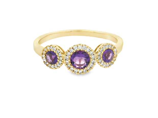 14K Yellow Gold Three-Stone Amethyst & Diamond Ring
