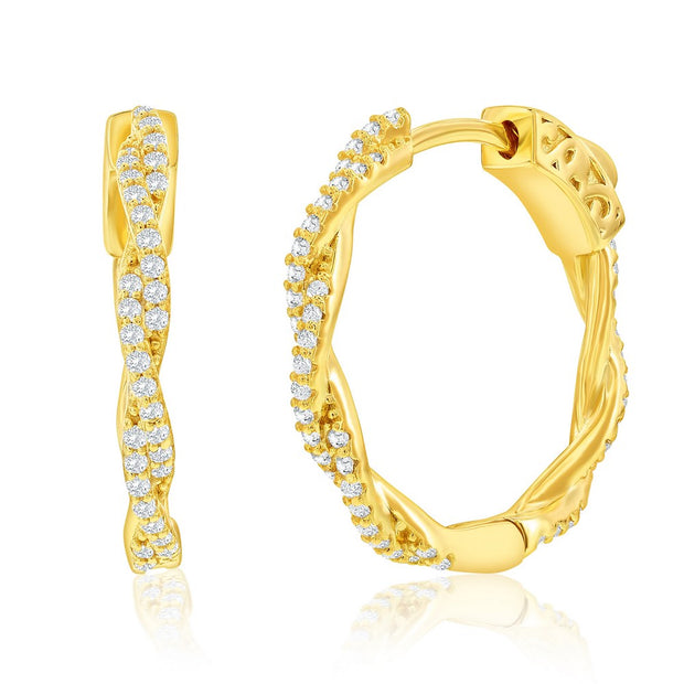 Gold Plated Sterling Silver Twisted CZ Hoop Earrings - 21mm