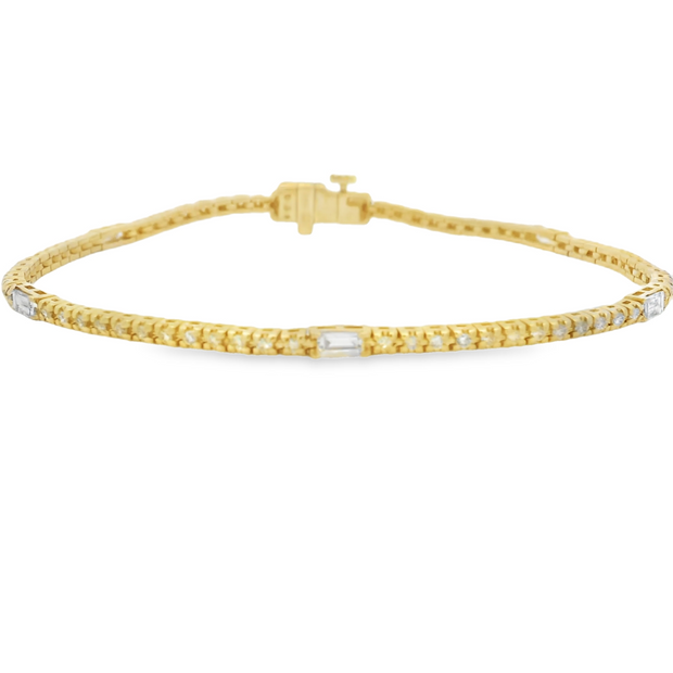 14K Yellow Gold Baguette and Round Diamond Tennis Bracelet