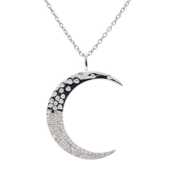 White Gold Diamond Crescent Moon Pendant Necklace