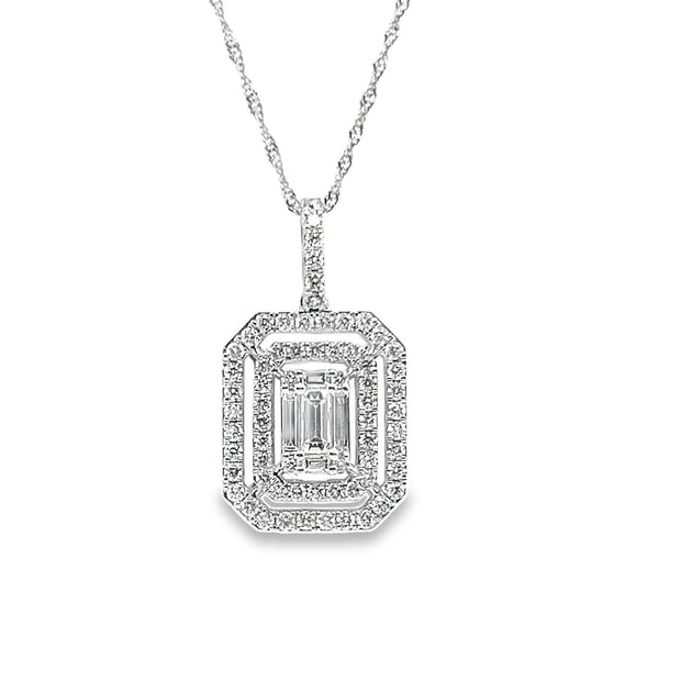 14K White Gold Baguette And Round Diamond Pendant - .98Ctw