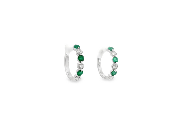 14K White Gold Diamond & Emerald Hoop Earrings