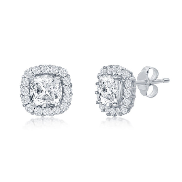 Silver Square  CZ Halo Stud Earrings