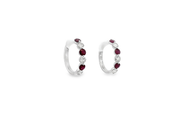 14K White Gold Ruby & Diamond Hoop Earrings - 15mm
