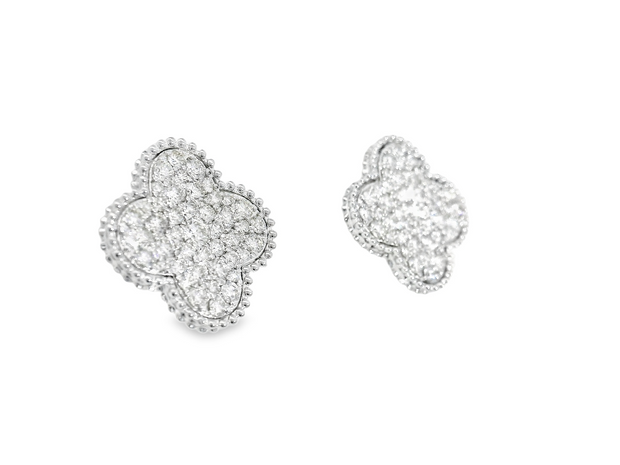 14K White Gold Diamond Encrusted Clover Earrings
