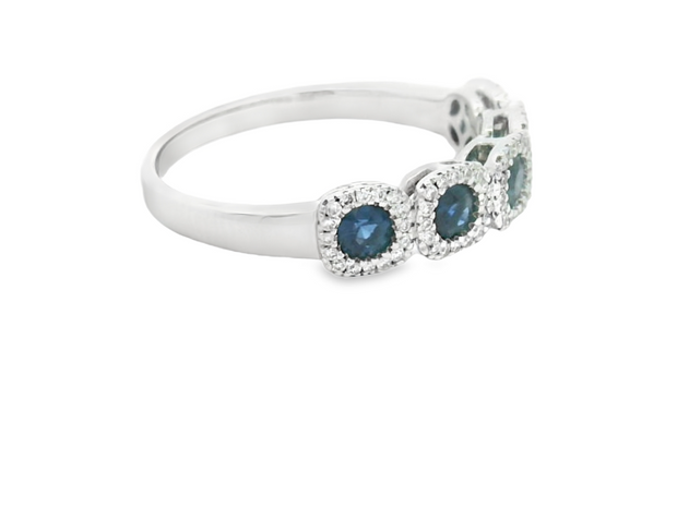 14K White Gold 5 Stone Blue Sapphire and Diamond Band